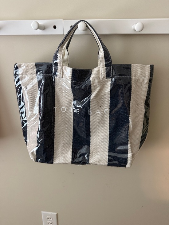 Handbags - Striped Canvas Tote Bag in Black and beige